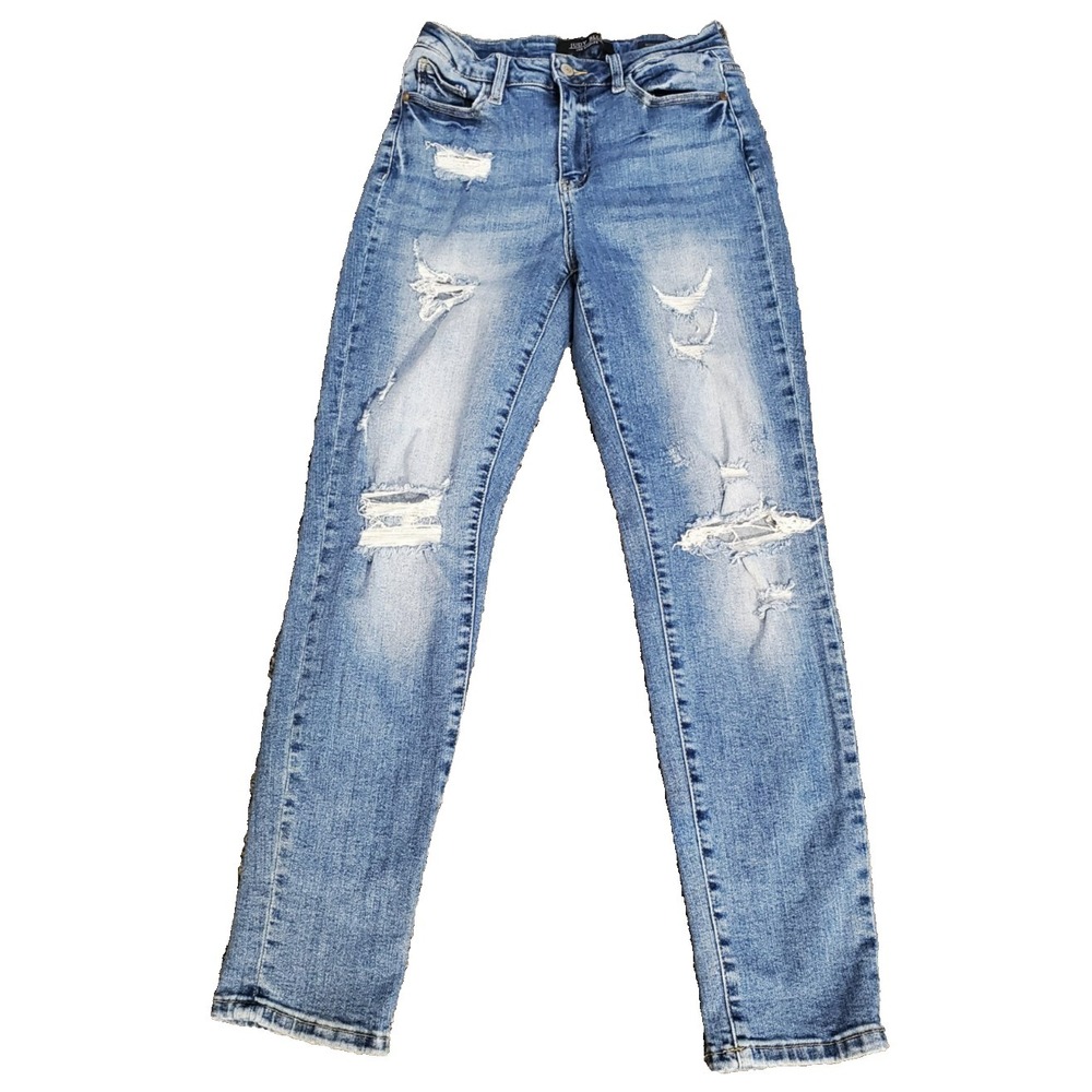 Judy Blue Womens Boyfriend Fit Jeans 5 / 27 Blue Distressed Stretch Denim